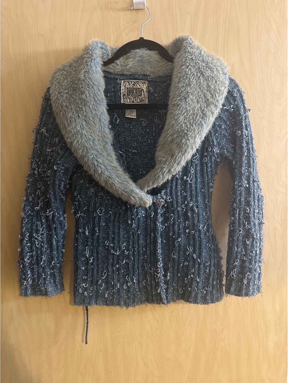 Curio Y2K faux fur trimmed knit wrap sweater size small wool blend